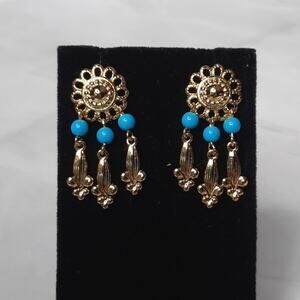 Gold Tone and Blue Dangle Earrings